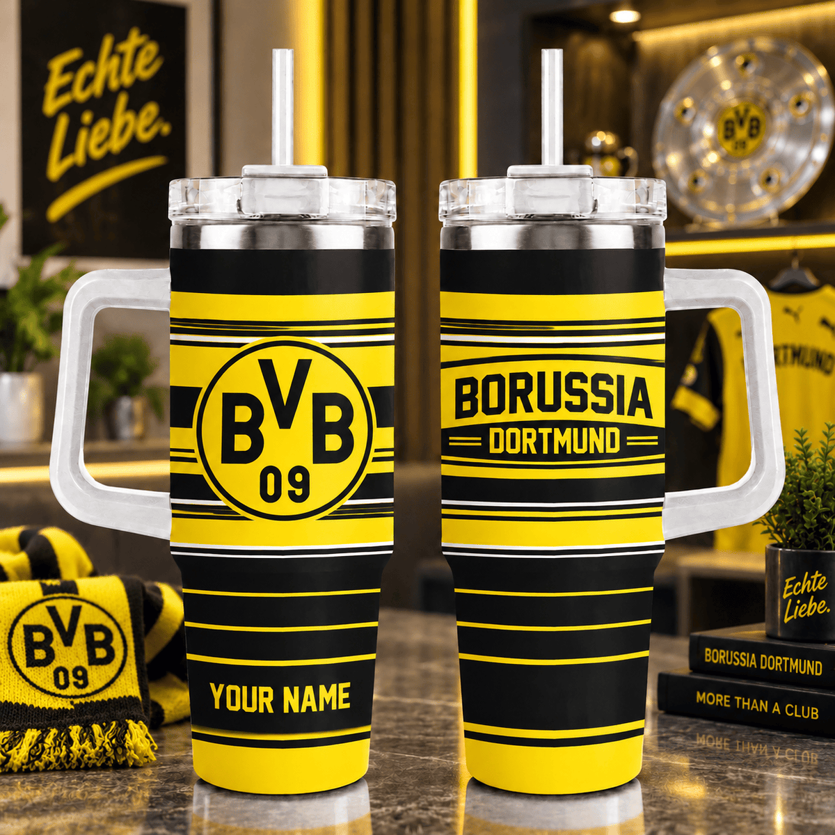 Borussia Dortmund Personalized 40oz Tumbler with Handle – Sport Stripe Fan Travel Mug