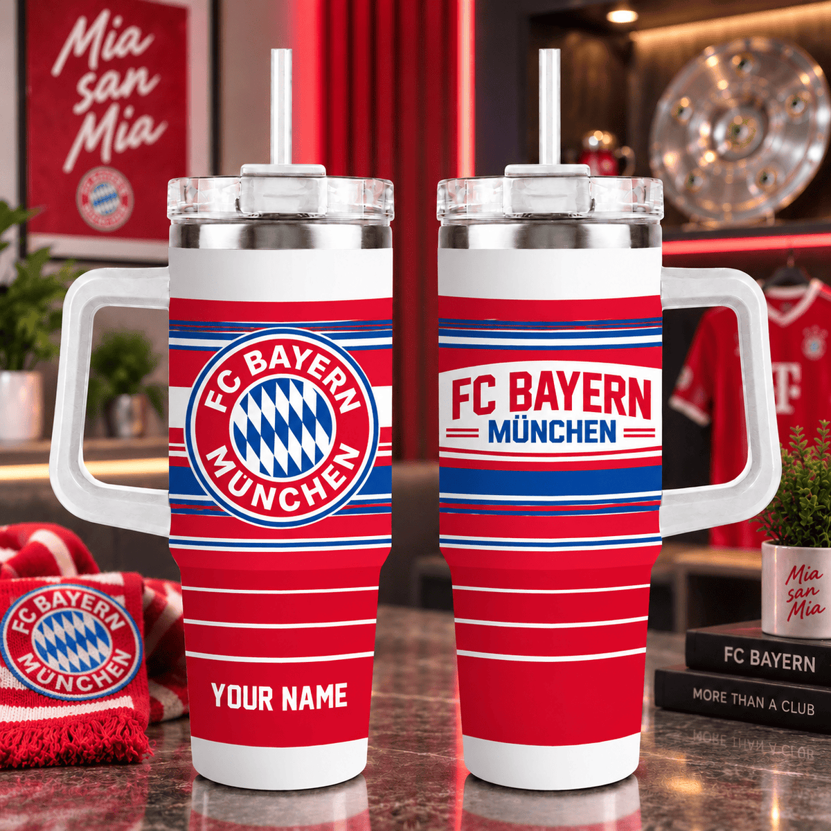 Bayern Munich Personalized 40oz Tumbler with Handle – Sport Stripe Fan Travel Mug