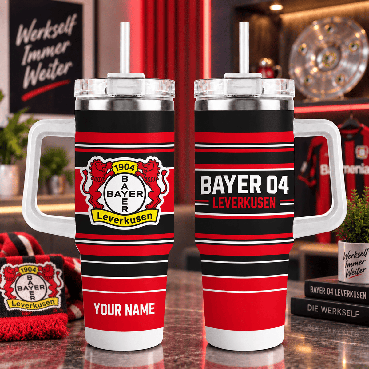 Bayer Leverkusen Personalized 40oz Tumbler with Handle – Sport Stripe Fan Travel Mug