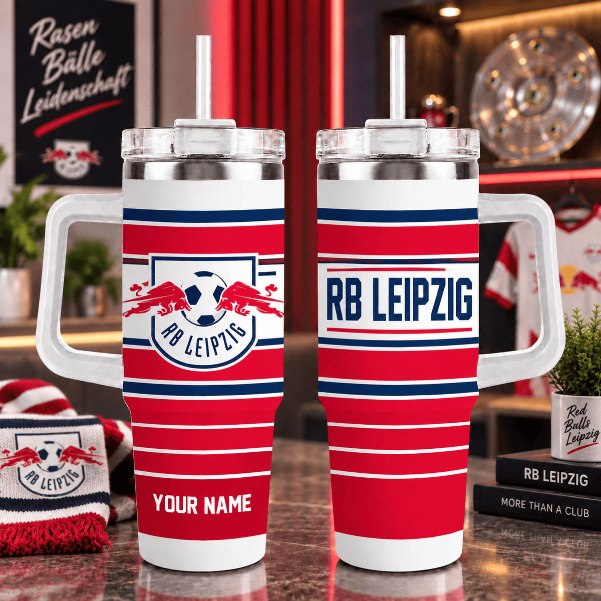 RB Leipzig Personalized 40oz Tumbler with Handle – Sport Stripe Fan Travel Mug