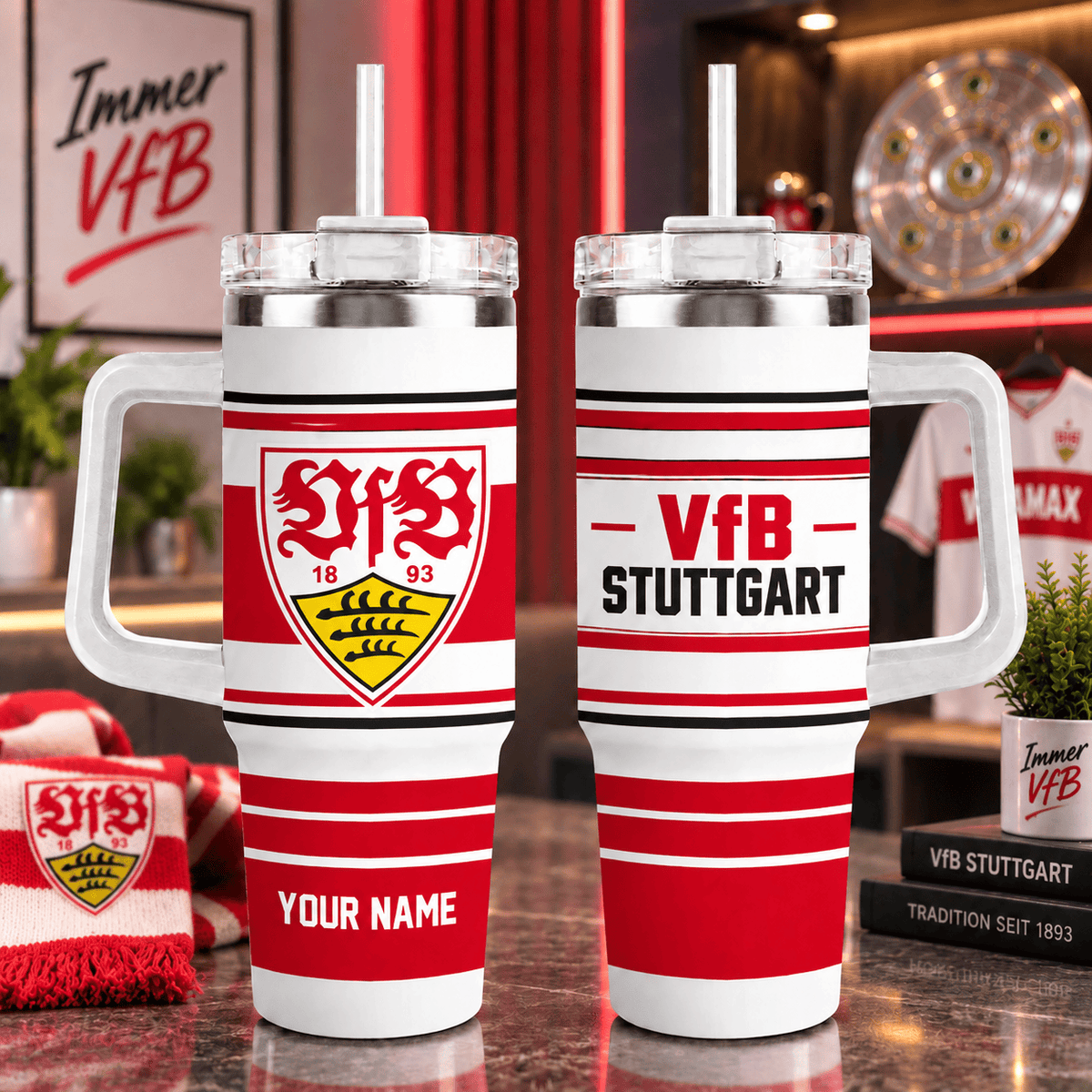 VfB Stuttgart Personalized 40oz Tumbler with Handle – Sport Stripe Fan Travel Mug