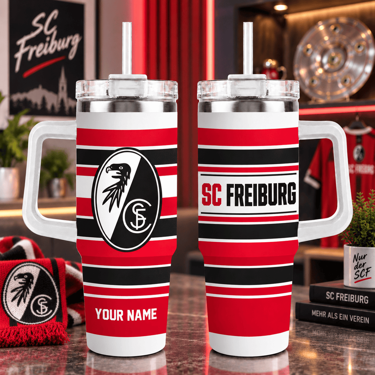 SC Freiburg Personalized 40oz Tumbler with Handle – Sport Stripe Fan Travel Mug