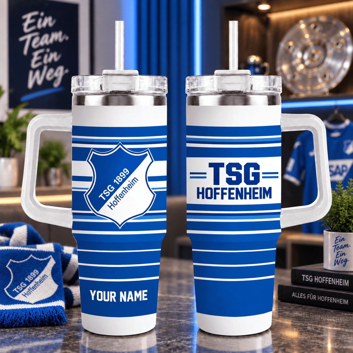 TSG Hoffenheim Personalized 40oz Tumbler with Handle – Sport Stripe Fan Travel Mug
