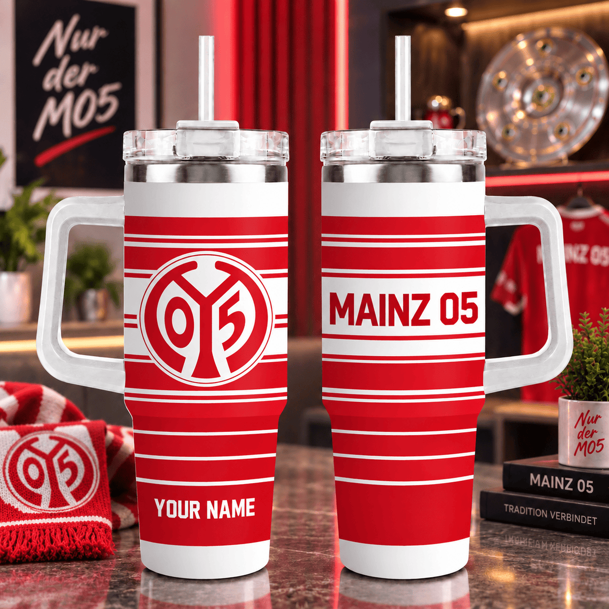 Mainz 05 Personalized 40oz Tumbler with Handle – Sport Stripe Fan Travel Mug