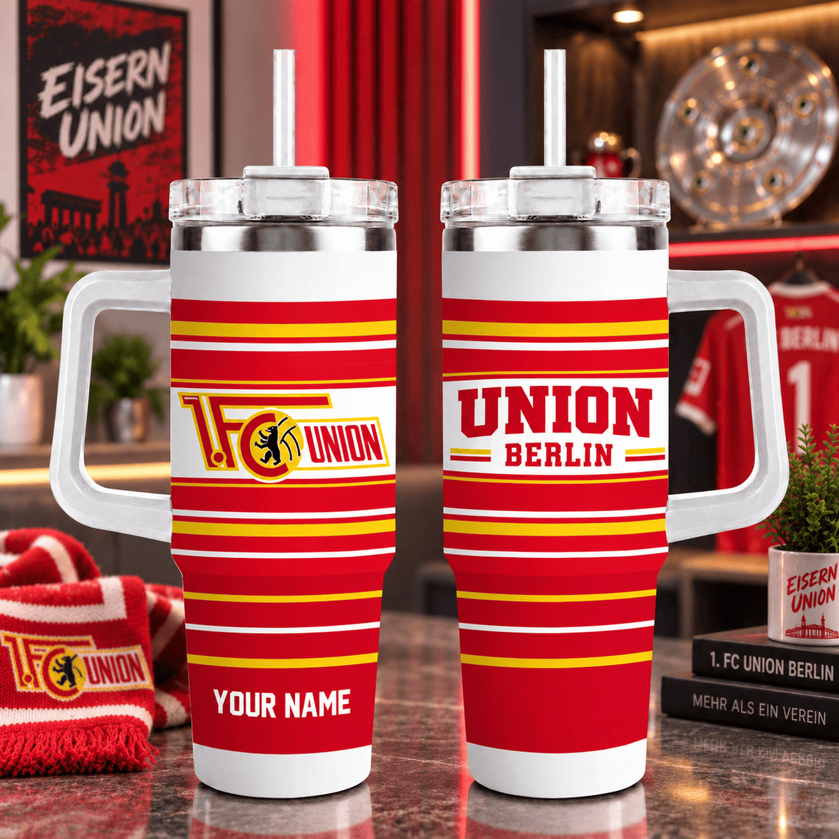 Union Berlin Personalized 40oz Tumbler with Handle – Sport Stripe Fan Travel Mug