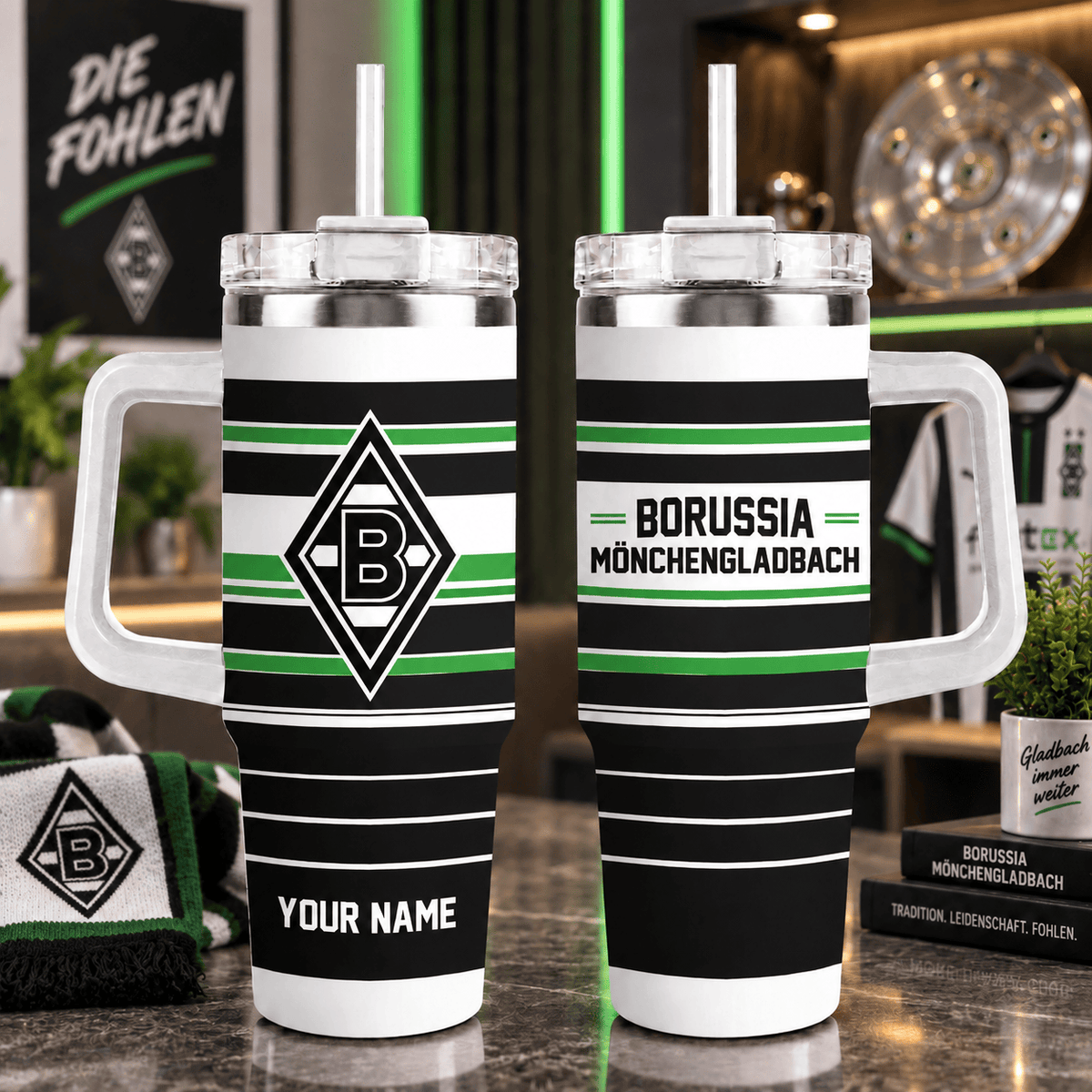Borussia Mönchengladbach Personalized 40oz Tumbler with Handle – Sport Stripe Fan Travel Mug