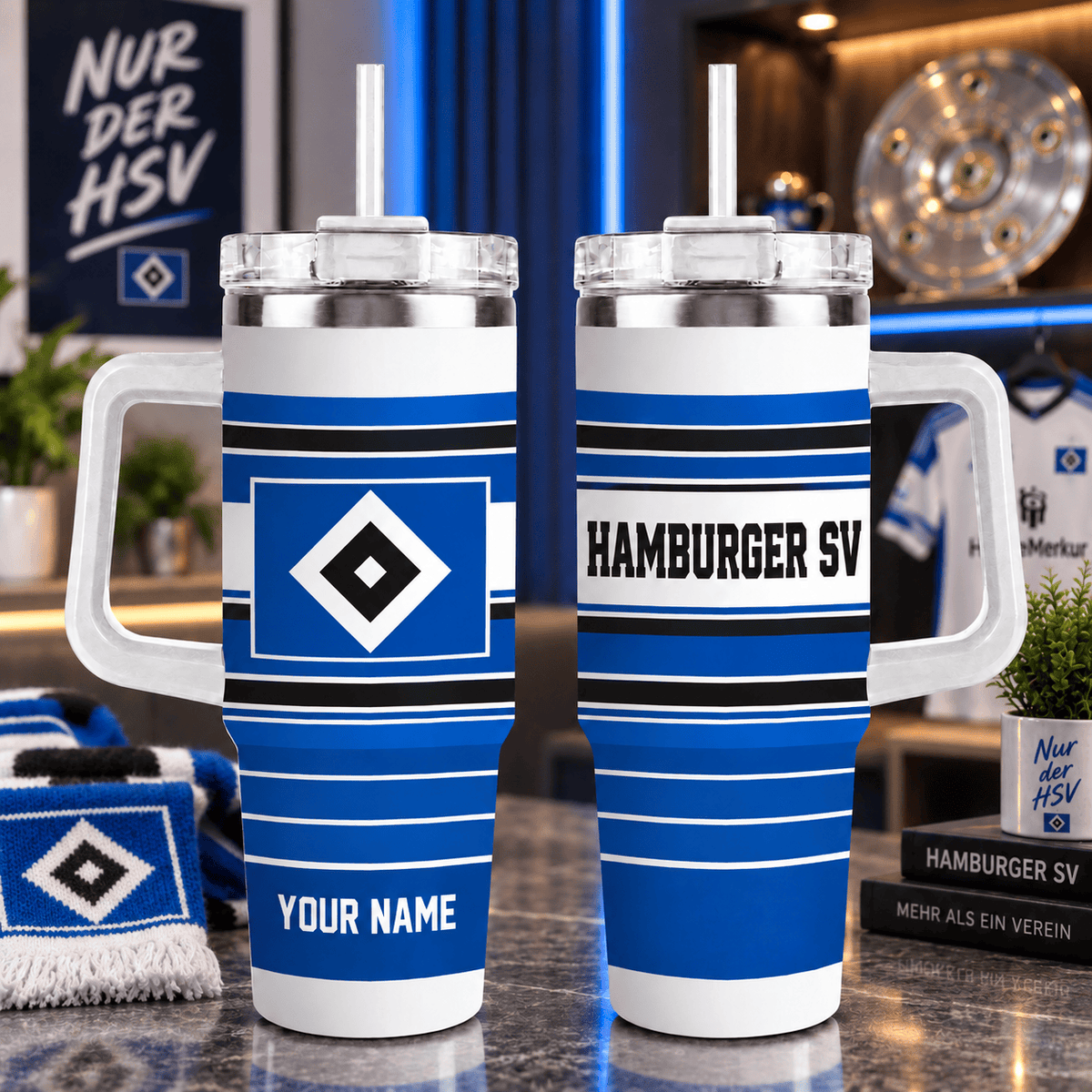 Hamburger SV Personalized 40oz Tumbler with Handle – Sport Stripe Fan Travel Mug