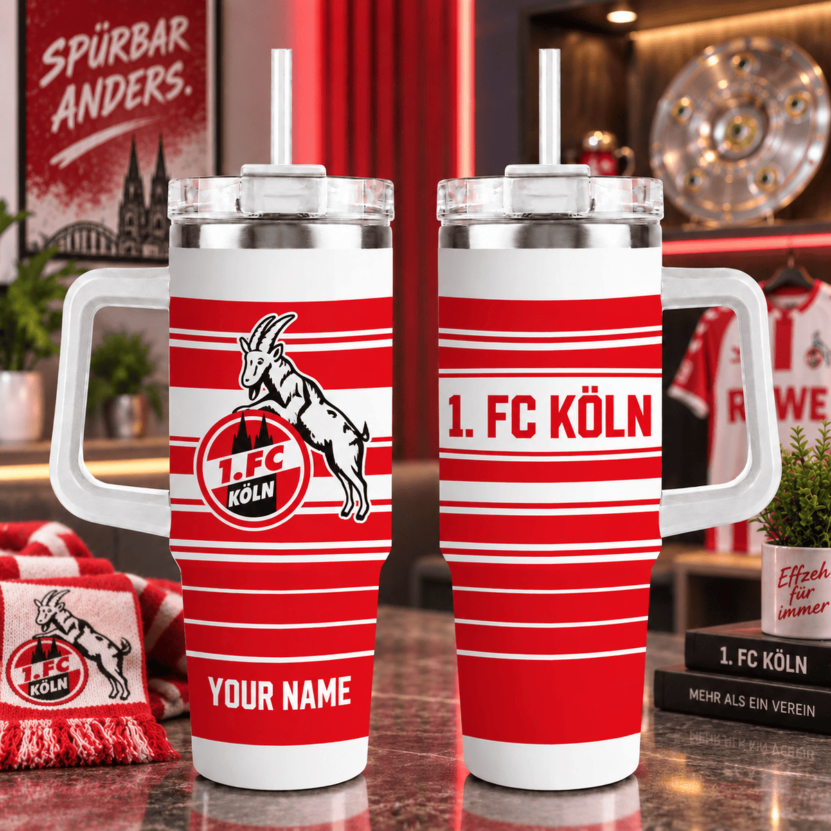 1. FC Köln Personalized 40oz Tumbler with Handle – Sport Stripe Fan Travel Mug