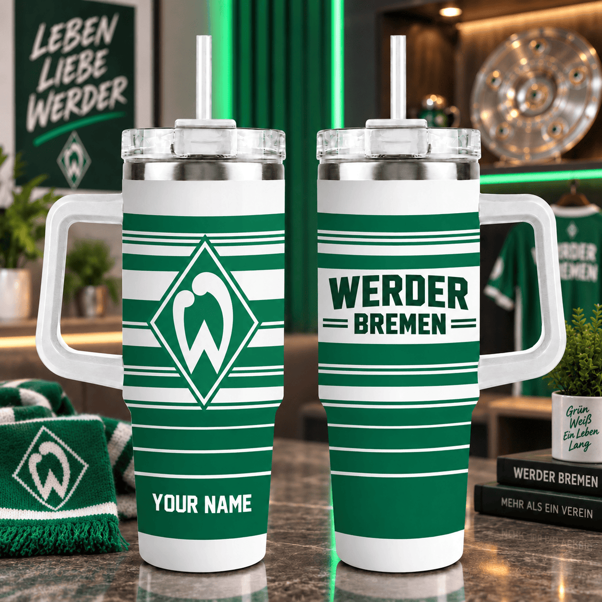 Werder Bremen Personalized 40oz Tumbler with Handle – Sport Stripe Fan Travel Mug