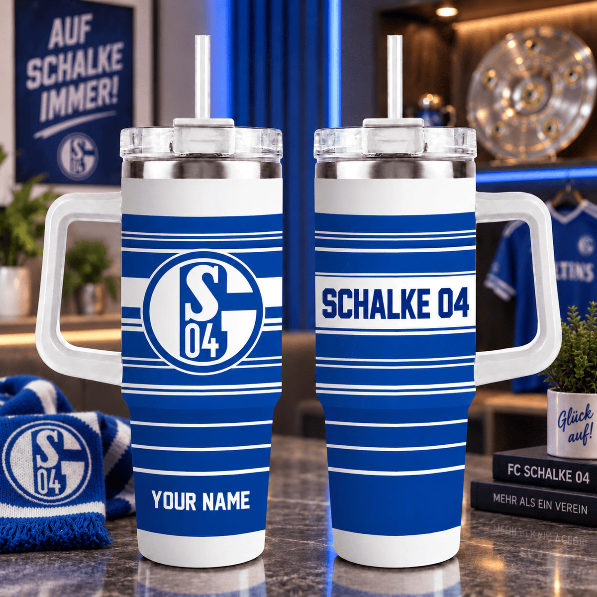 Schalke 04 Personalized 40oz Tumbler with Handle – Sport Stripe Fan Travel Mug