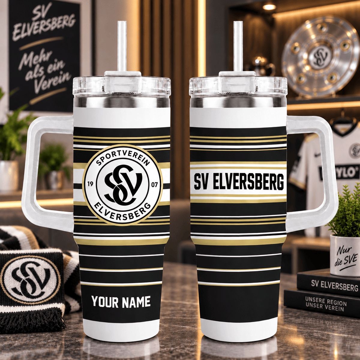 SV Elversberg Personalized 40oz Tumbler with Handle – Sport Stripe Fan Travel Mug