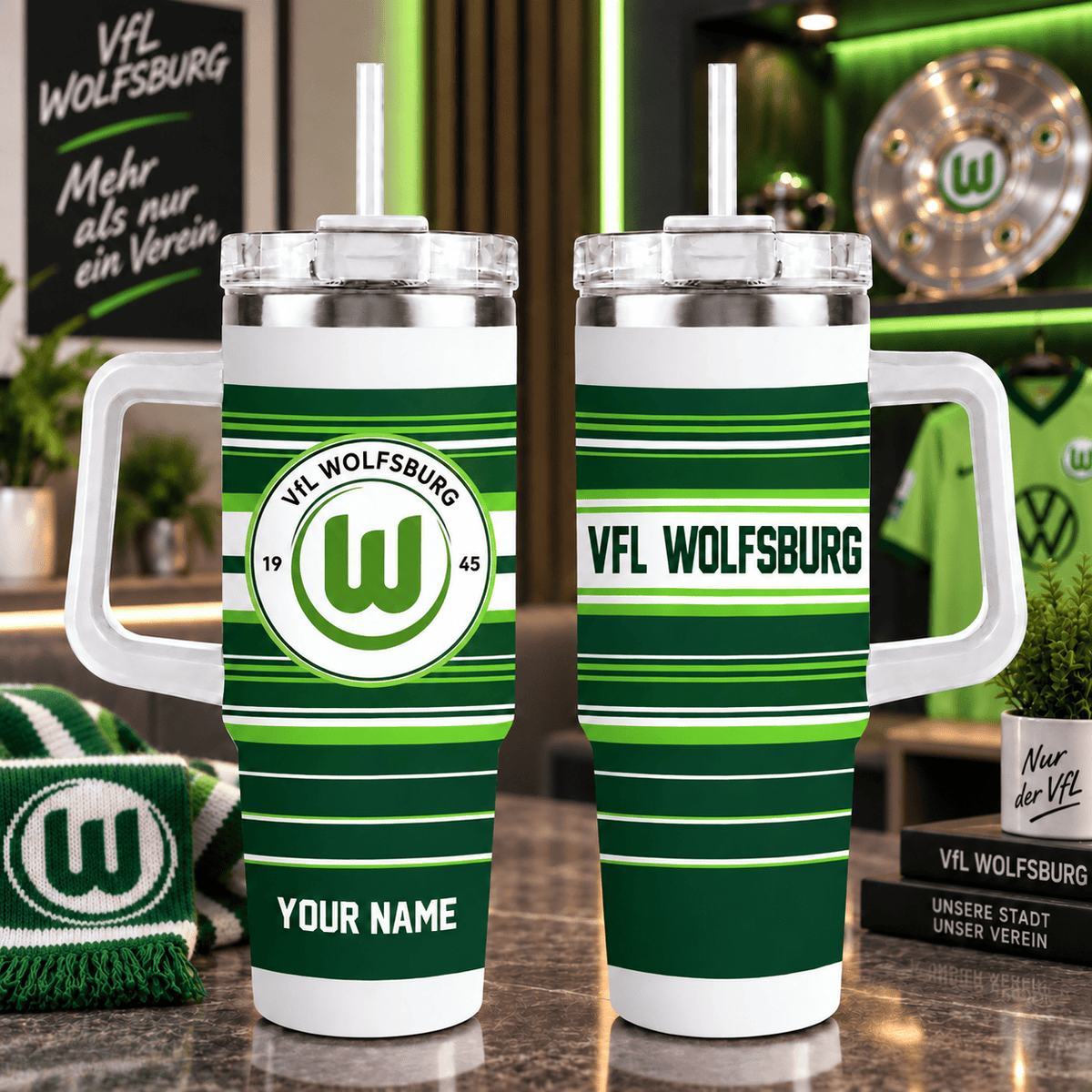 VfL Wolfsburg Personalized 40oz Tumbler with Handle – Sport Stripe Fan Travel Mug