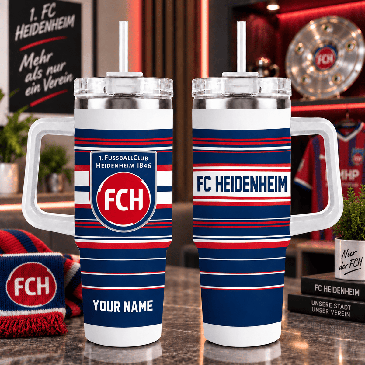 FC Heidenheim Personalized 40oz Tumbler with Handle – Sport Stripe Fan Travel Mug
