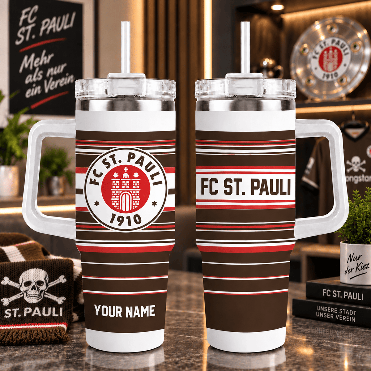 FC St. Pauli Personalized 40oz Tumbler with Handle – Sport Stripe Fan Travel Mug