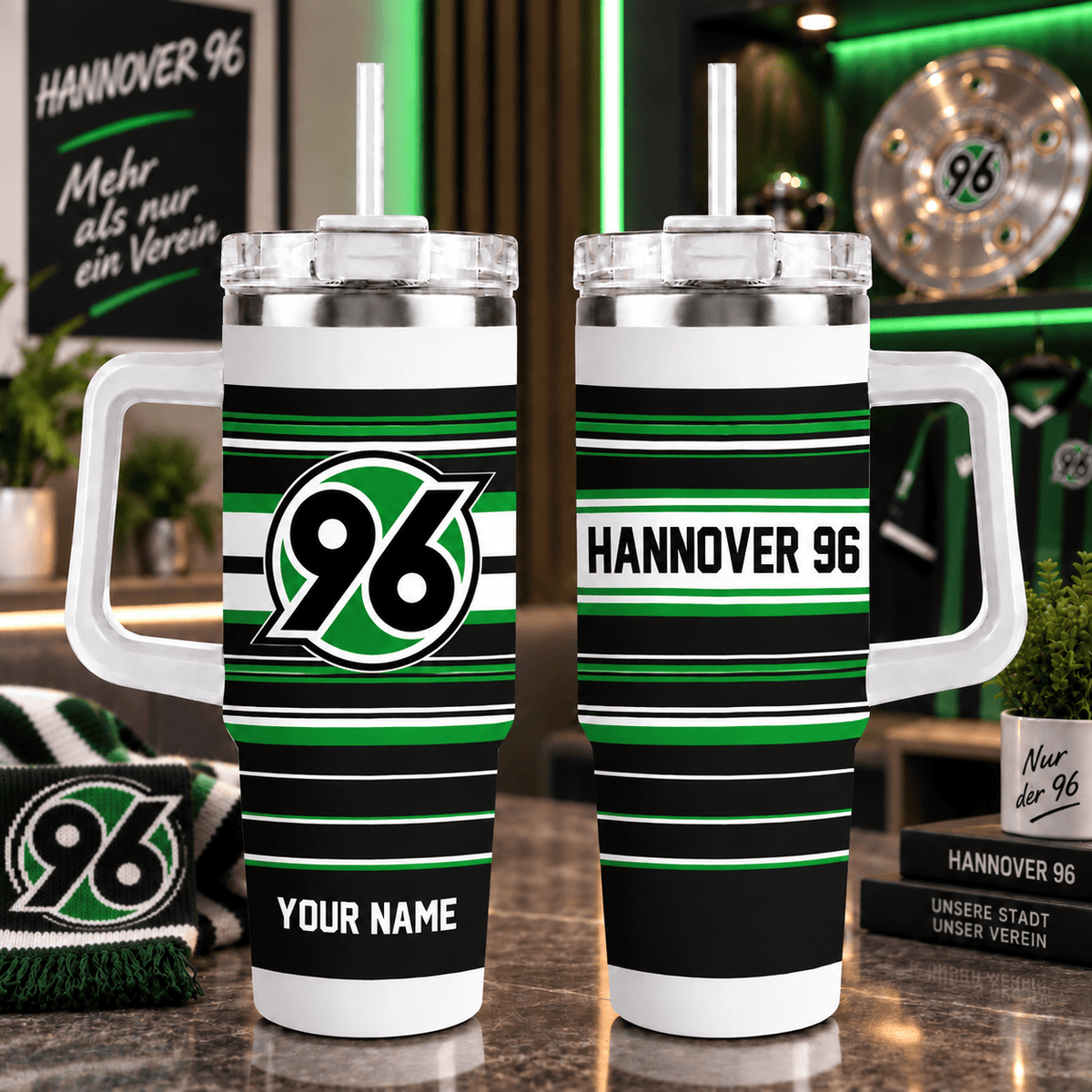 Hannover 96 Personalized 40oz Tumbler with Handle – Sport Stripe Fan Travel Mug