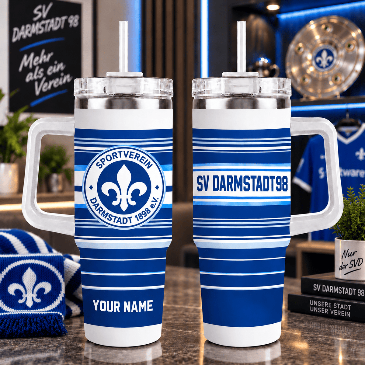 SV Darmstadt 98 Personalized 40oz Tumbler with Handle – Sport Stripe Fan Travel Mug