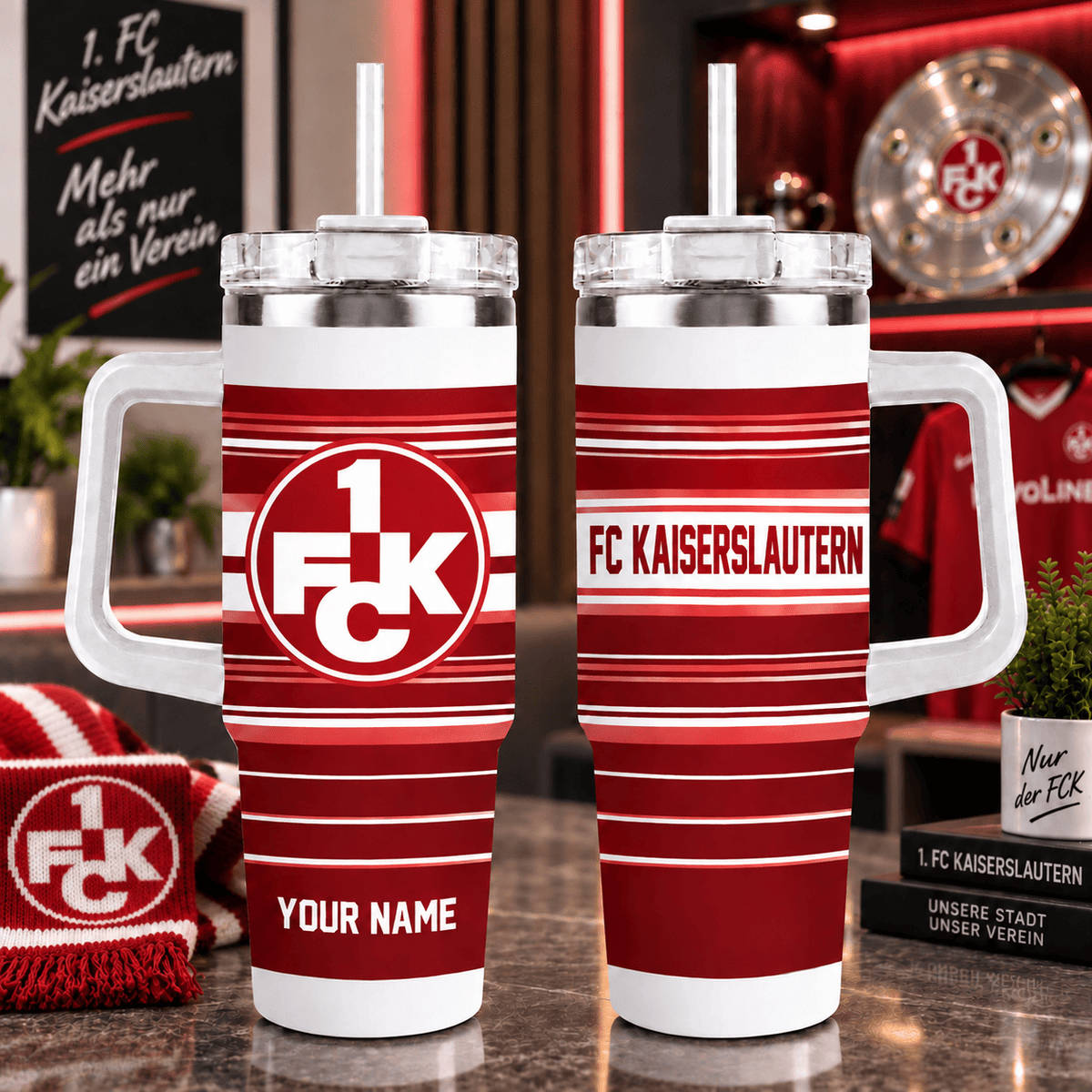 FC Kaiserslautern Personalized 40oz Tumbler with Handle – Sport Stripe Fan Travel Mug