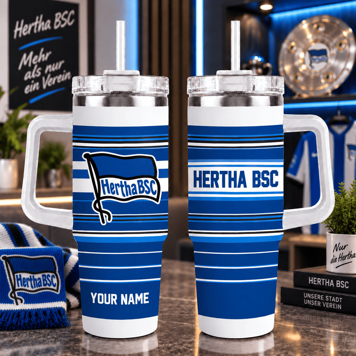 Hertha BSC Personalized 40oz Tumbler with Handle – Sport Stripe Fan Travel Mug