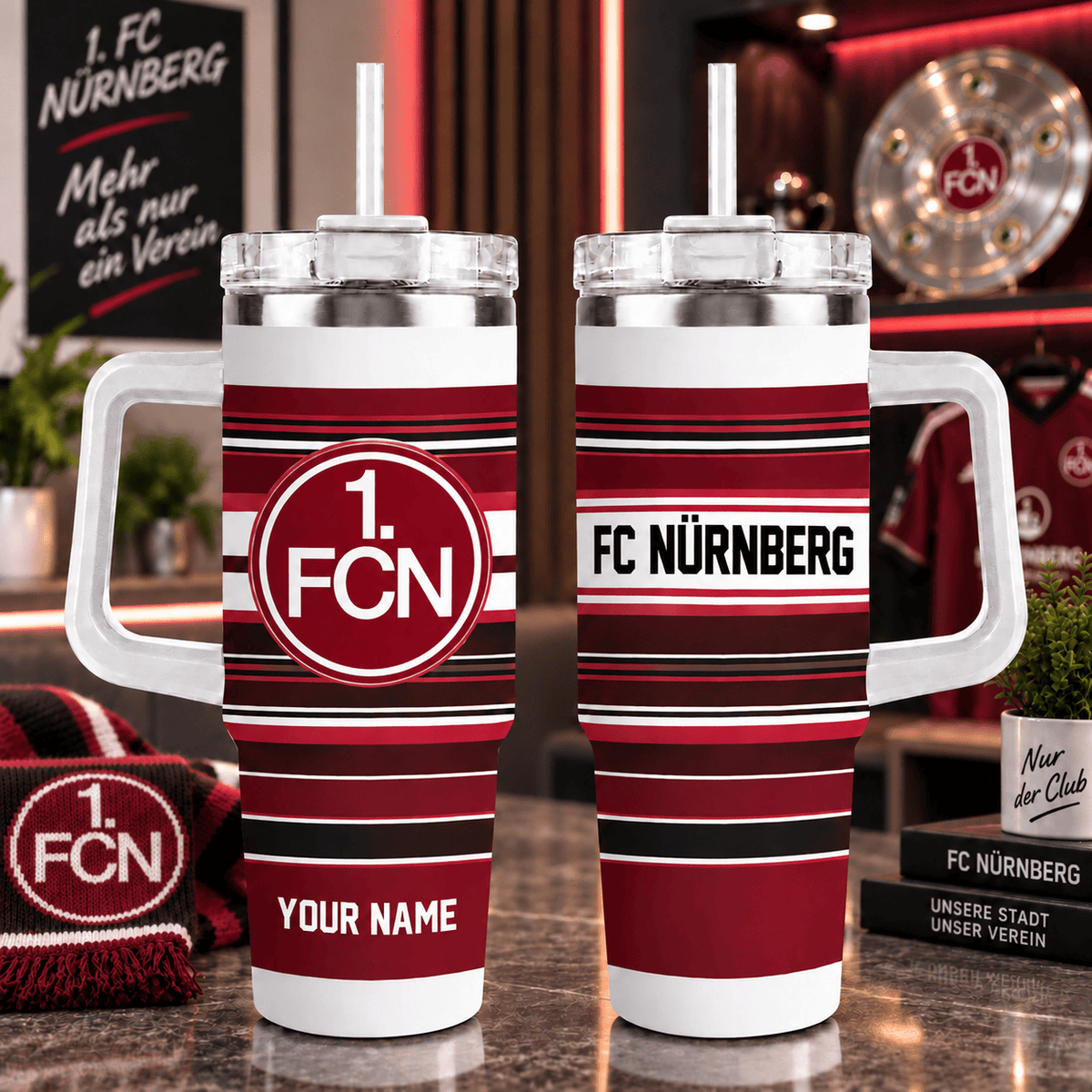 FC Nürnberg Personalized 40oz Tumbler with Handle – Sport Stripe Fan Travel Mug