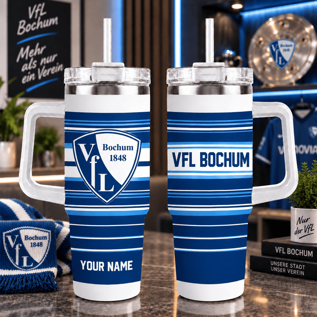 VfL Bochum Personalized 40oz Tumbler with Handle – Sport Stripe Fan Travel Mug