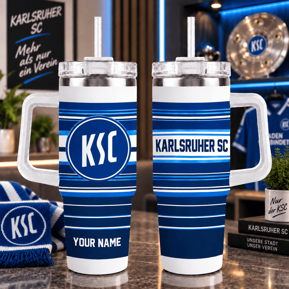 Karlsruher SC Personalized 40oz Tumbler with Handle – Sport Stripe Fan Travel Mug