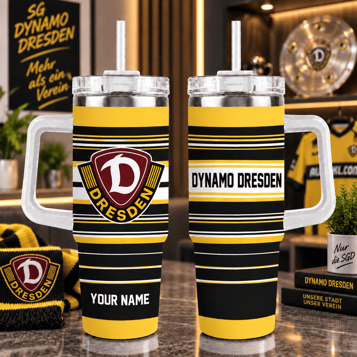 Dynamo Dresden Personalized 40oz Tumbler with Handle – Sport Stripe Fan Travel Mug