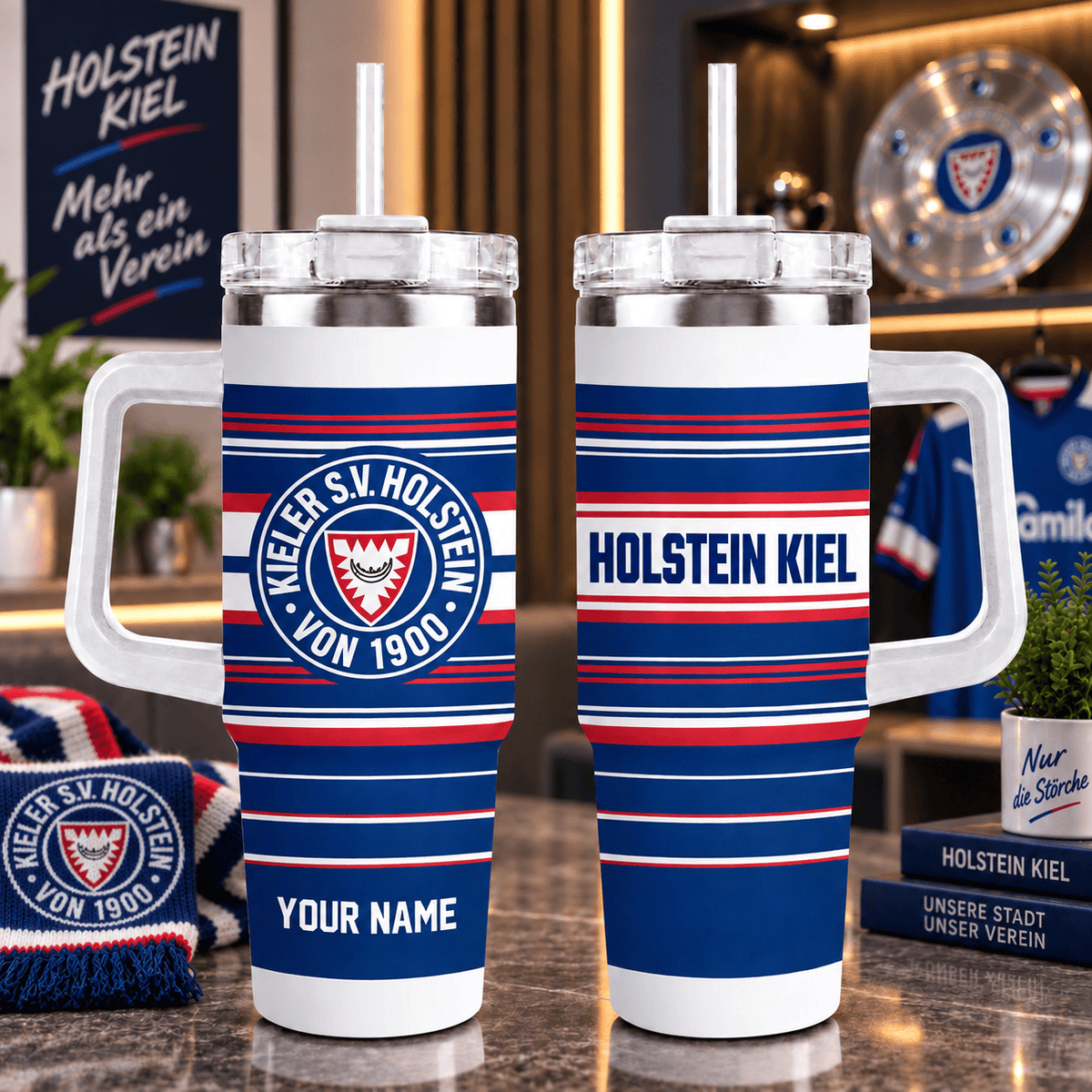 Holstein Kiel Personalized 40oz Tumbler with Handle – Sport Stripe Fan Travel Mug