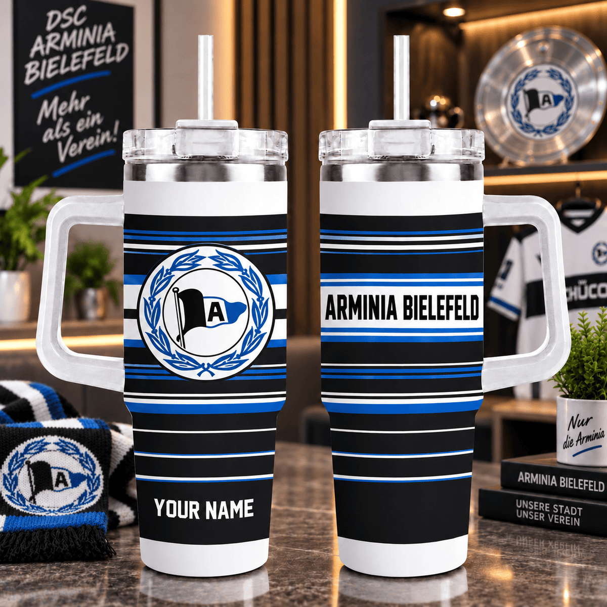 Arminia Bielefeld Personalized 40oz Tumbler with Handle – Sport Stripe Fan Travel Mug