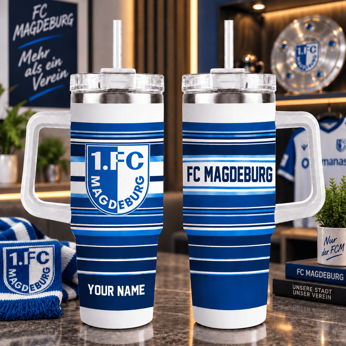 FC Magdeburg Personalized 40oz Tumbler with Handle – Sport Stripe Fan Travel Mug