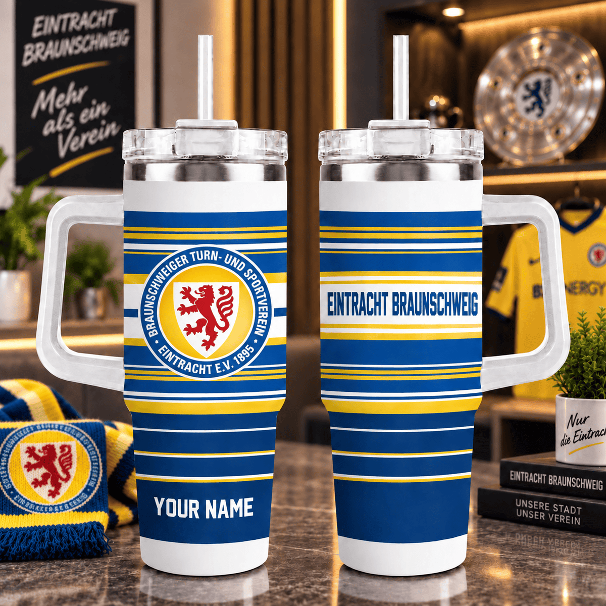 Eintracht Braunschweig Personalized 40oz Tumbler with Handle – Sport Stripe Fan Travel Mug
