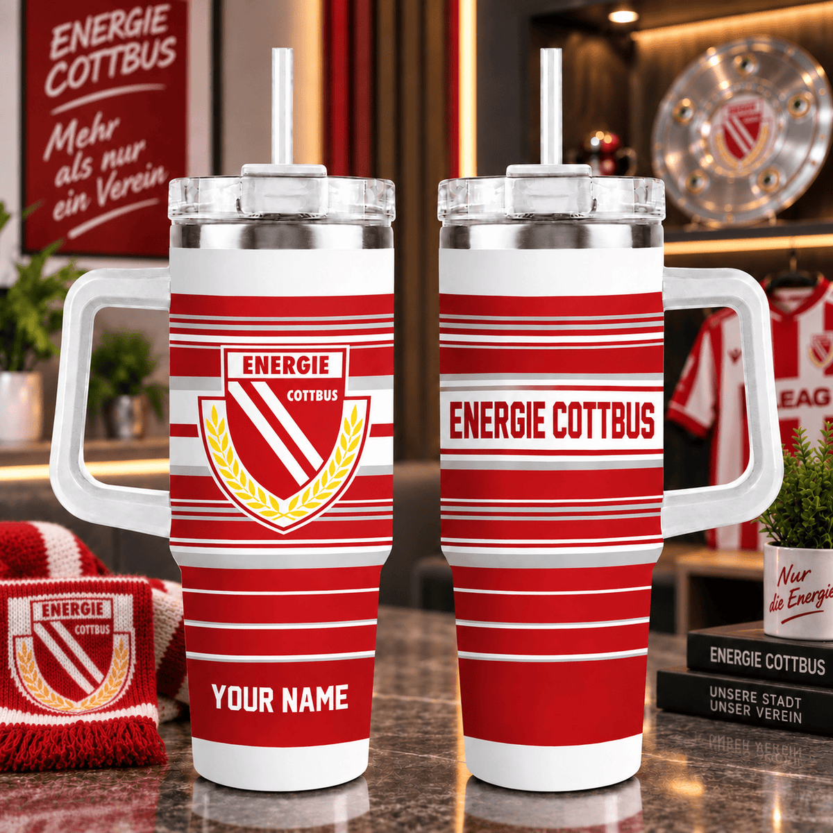Energie Cottbus Personalized 40oz Tumbler with Handle – Sport Stripe Fan Travel Mug