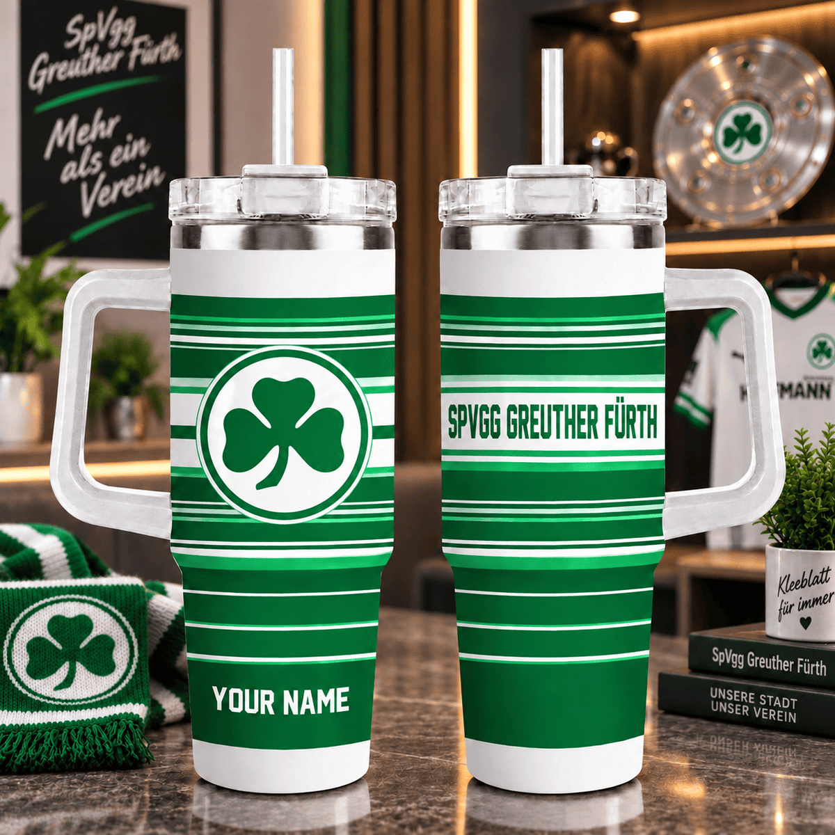 SpVgg Greuther Fürth Personalized 40oz Tumbler with Handle – Sport Stripe Fan Travel Mug