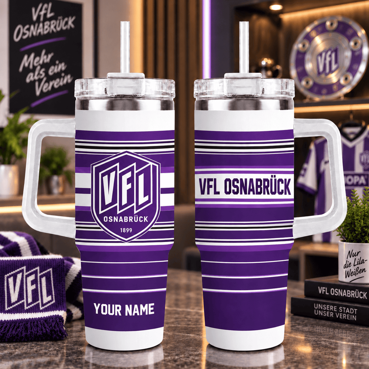 VfL Osnabrück Personalized 40oz Tumbler with Handle – Sport Stripe Fan Travel Mug