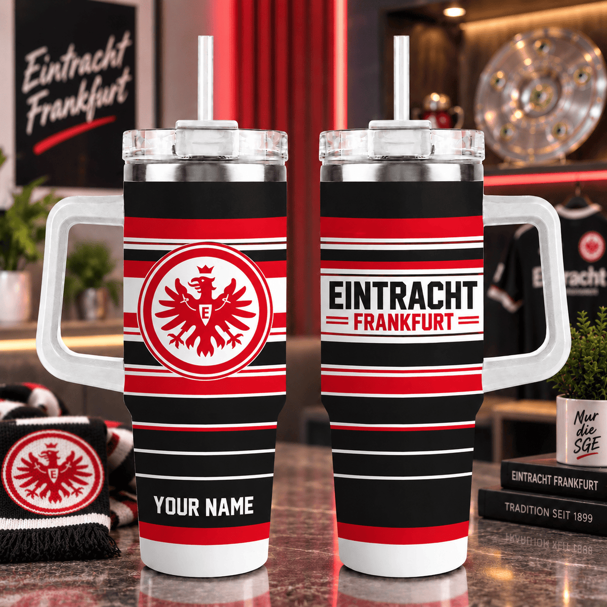 Eintracht Frankfurt Personalized 40oz Tumbler with Handle – Sport Stripe Fan Travel Mug