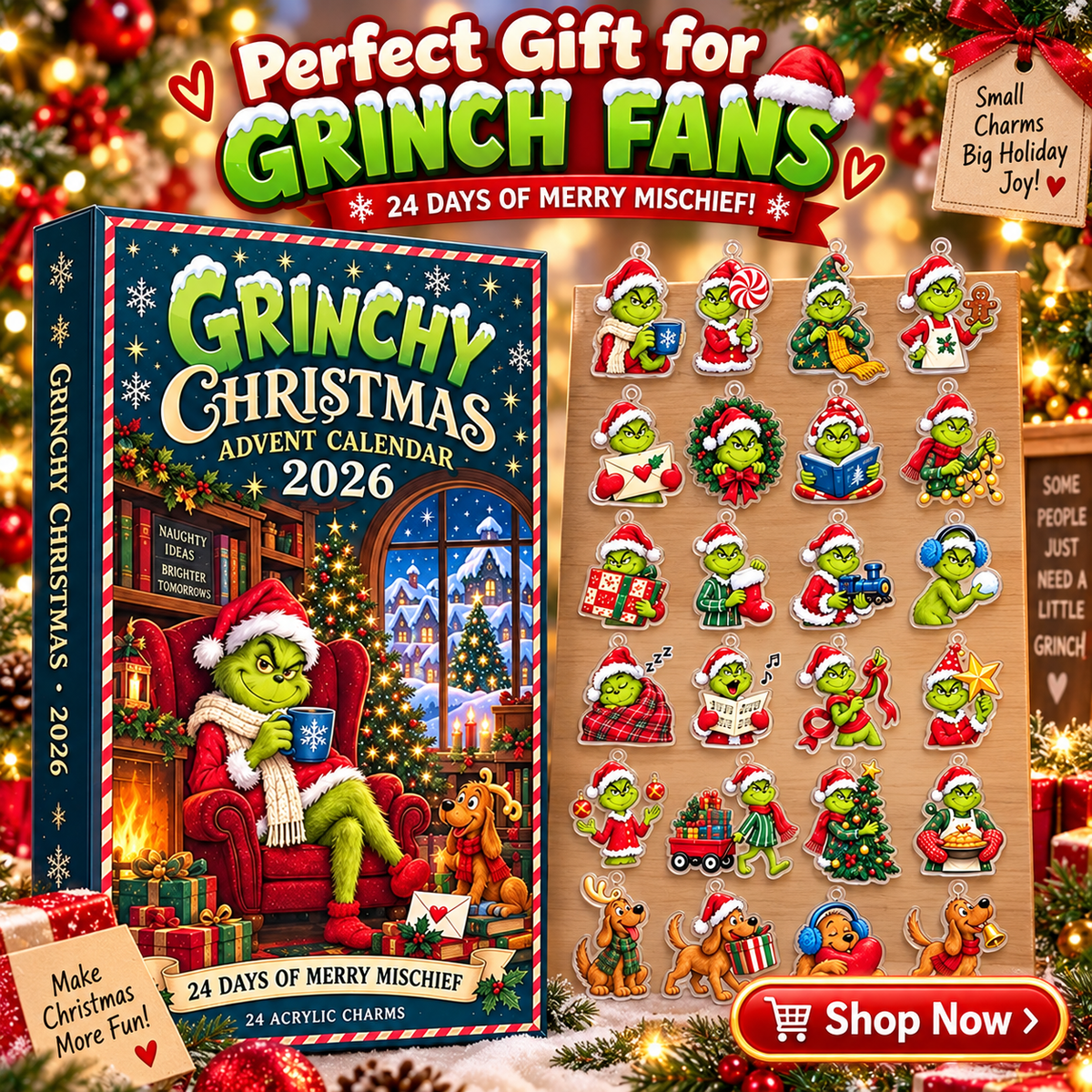 Grinchy Christmas Advent Calendar 2026 – 24 Days of Merry Mischief (24 Acrylic Charms)