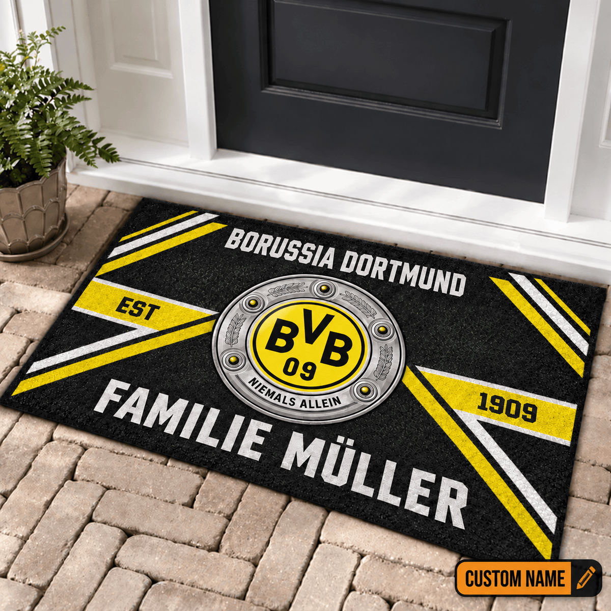 Borussia Dortmund Personalized Family Doormat – Custom Name Football Trophy Welcome Mat