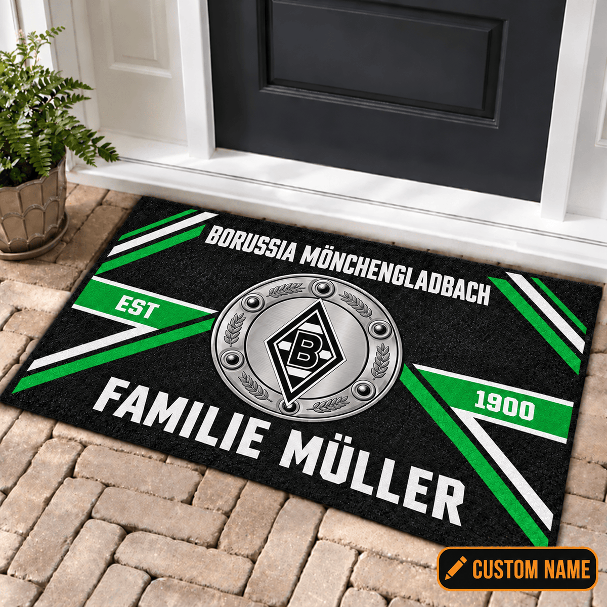 Borussia Mönchengladbach Personalized Family Doormat – Custom Name Football Trophy Welcome Mat