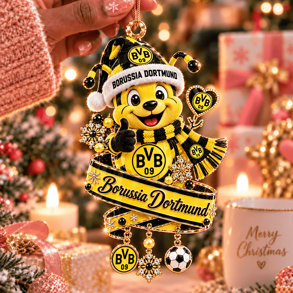 Borussia Dortmund Mascot Christmas Ornament – Festive Tree Hanging Charm with Dangles