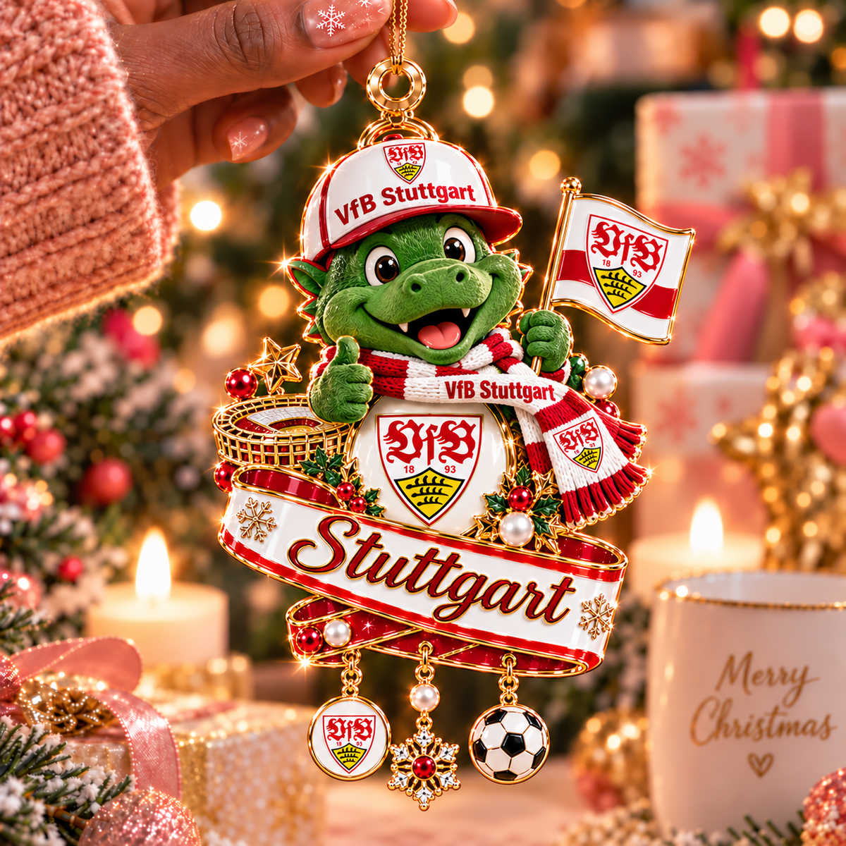 VfB Stuttgart Mascot Christmas Ornament – Festive Tree Hanging Charm with Dangles