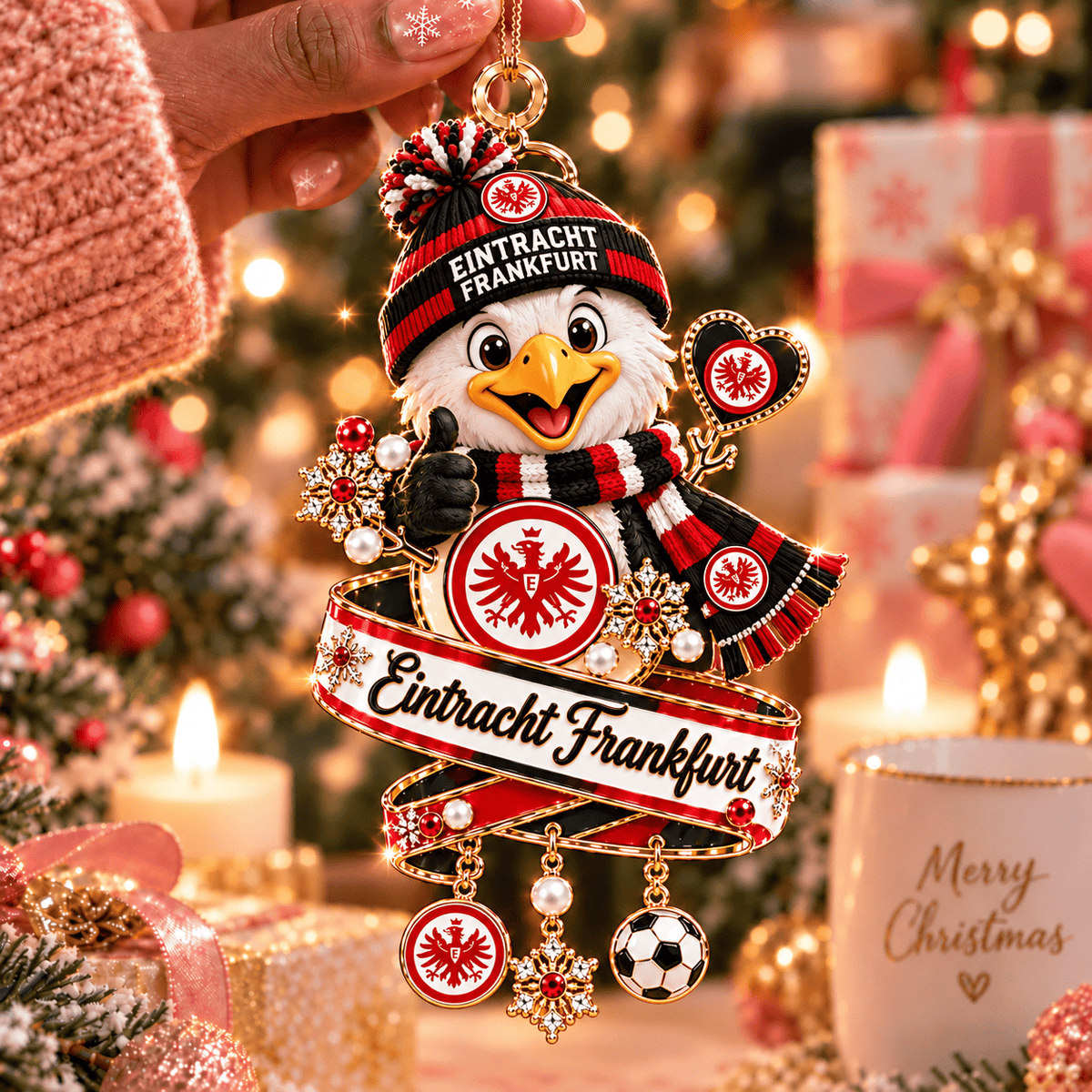 Eintracht Frankfurt Mascot Christmas Ornament – Festive Tree Hanging Charm with Dangles