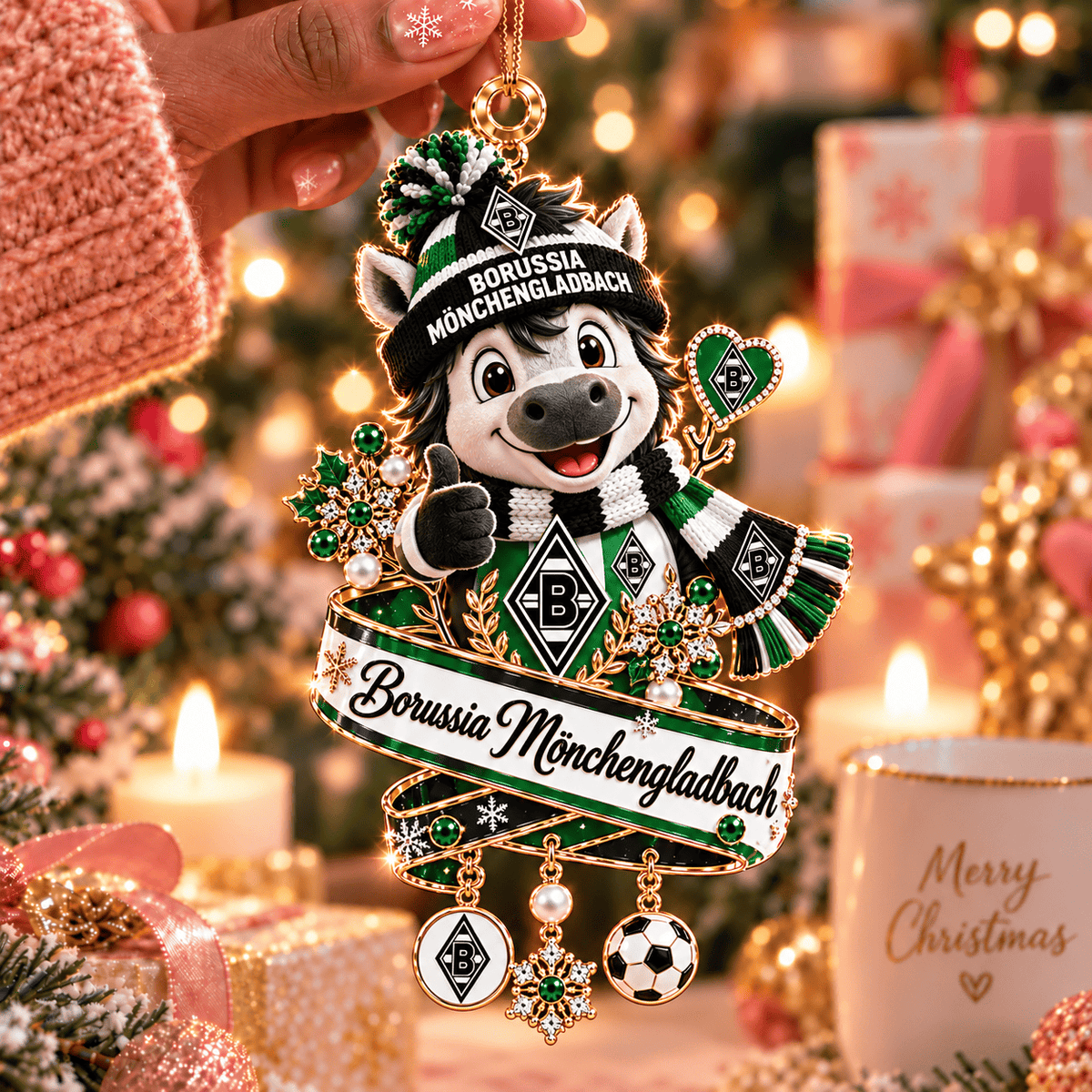 Borussia Mönchengladbach Mascot Christmas Ornament – Festive Tree Hanging Charm with Dangles