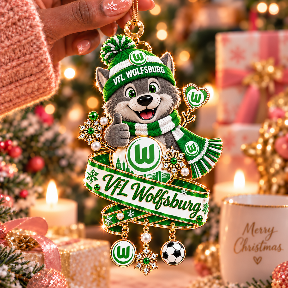 VfL Wolfsburg Mascot Christmas Ornament – Festive Tree Hanging Charm with Dangles