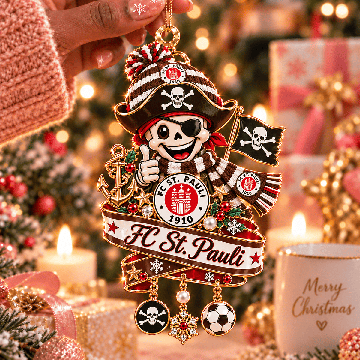 FC St. Pauli Mascot Christmas Ornament – Festive Tree Hanging Charm with Dangles