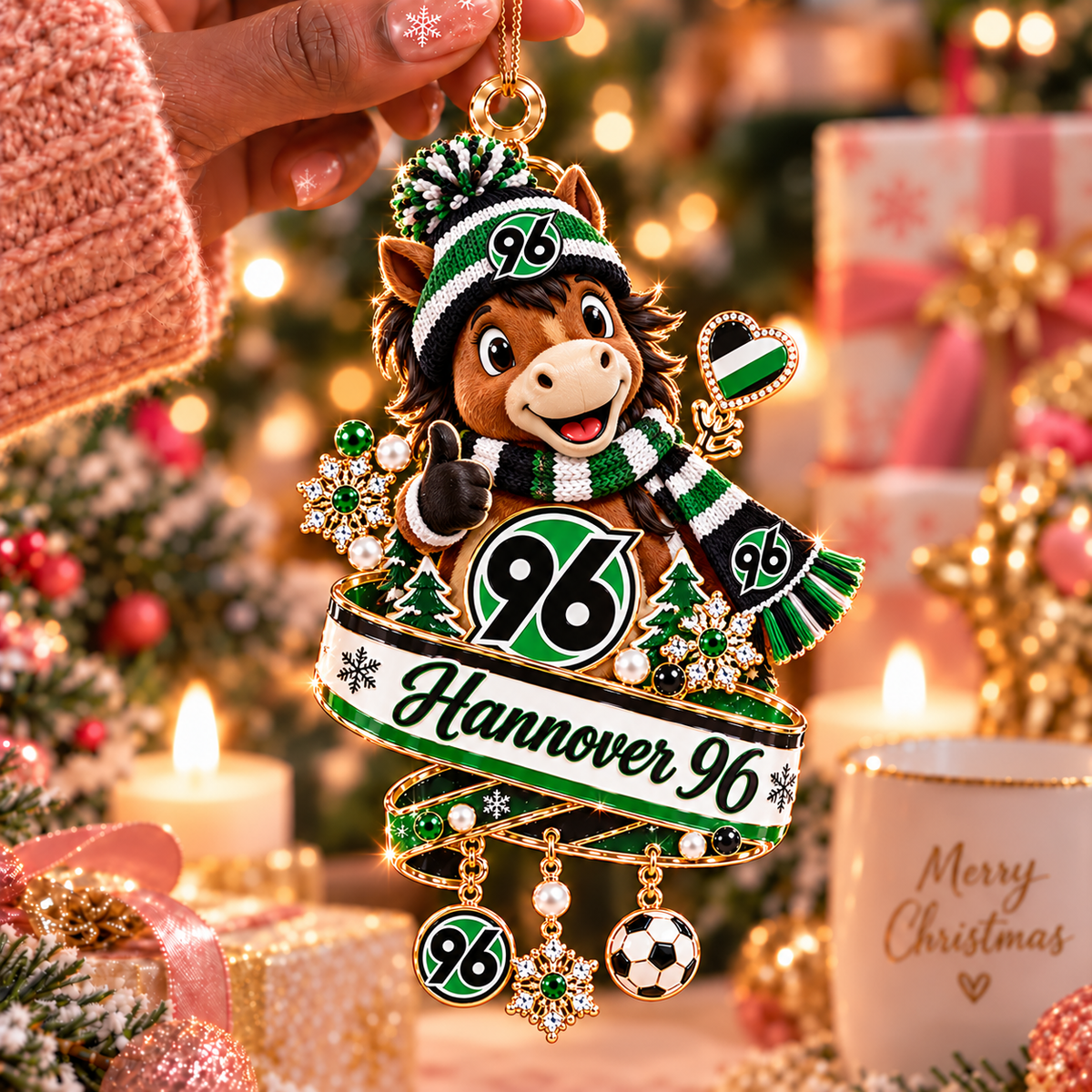 Hannover 96 Mascot Christmas Ornament – Festive Tree Hanging Charm with Dangles