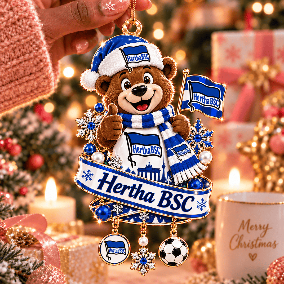 Hertha BSC Mascot Christmas Ornament – Festive Tree Hanging Charm with Dangles