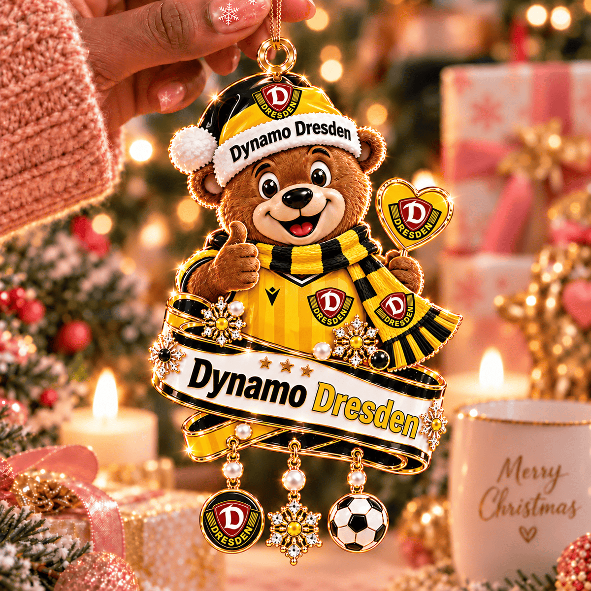 Dynamo Dresden Mascot Christmas Ornament – Festive Tree Hanging Charm with Dangles