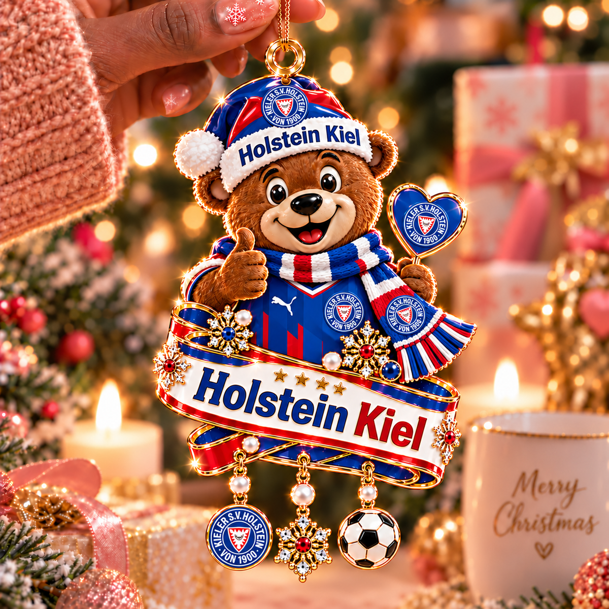 Holstein Kiel Mascot Christmas Ornament – Festive Tree Hanging Charm with Dangles