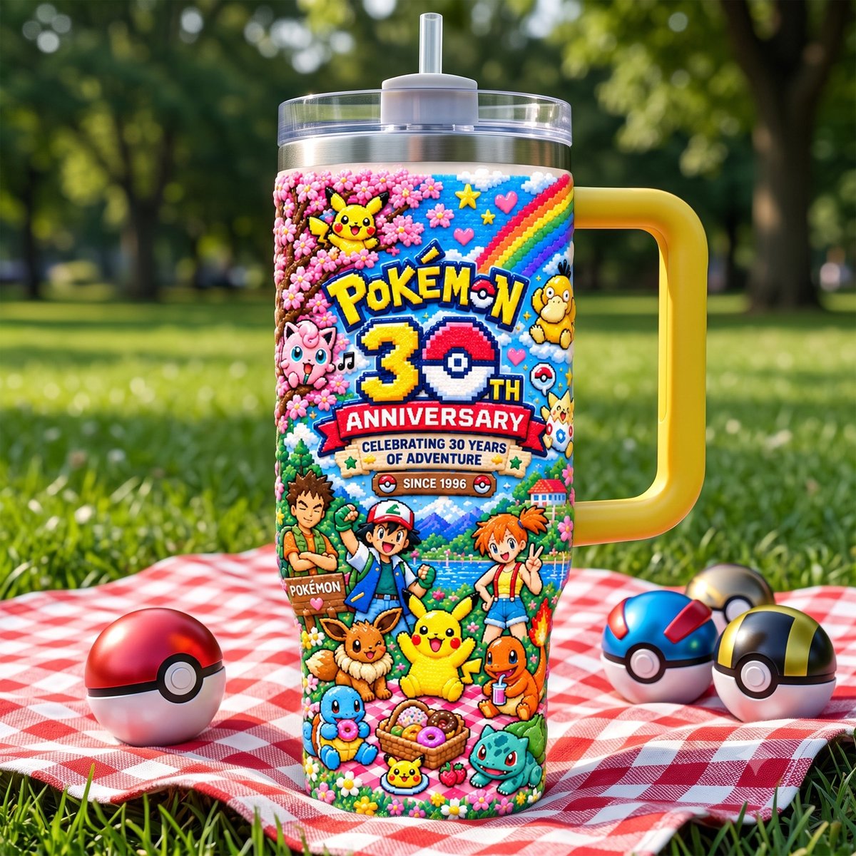 Celebrate 30 Years Of Catching Them All Custom Name Christmas Gift For Movie Fans - Personalized Tumbler With Handle