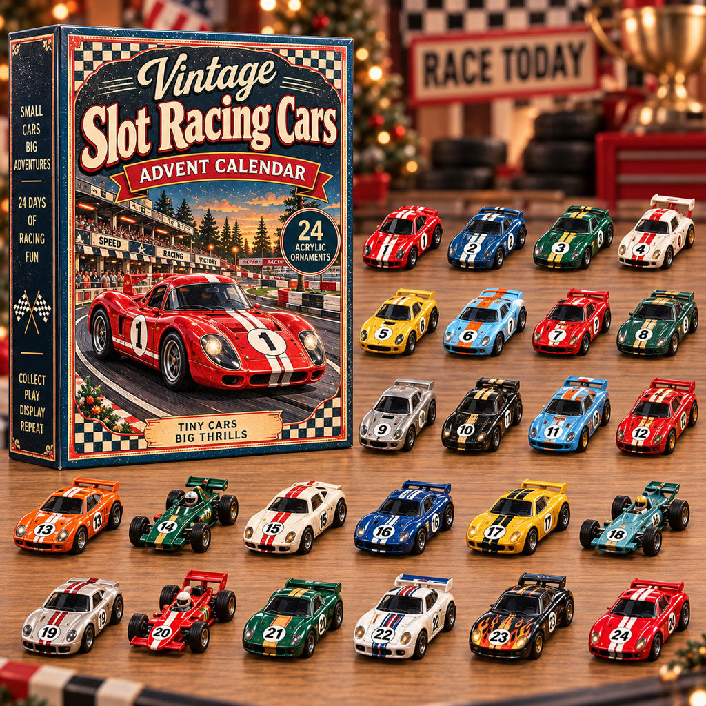 Vintage Slot Racing Cars Advent Calendar 2026 – 24-Day Christmas Countdown with Acrylic Charms, Perfect Gift for Slot Car Racing Fans
