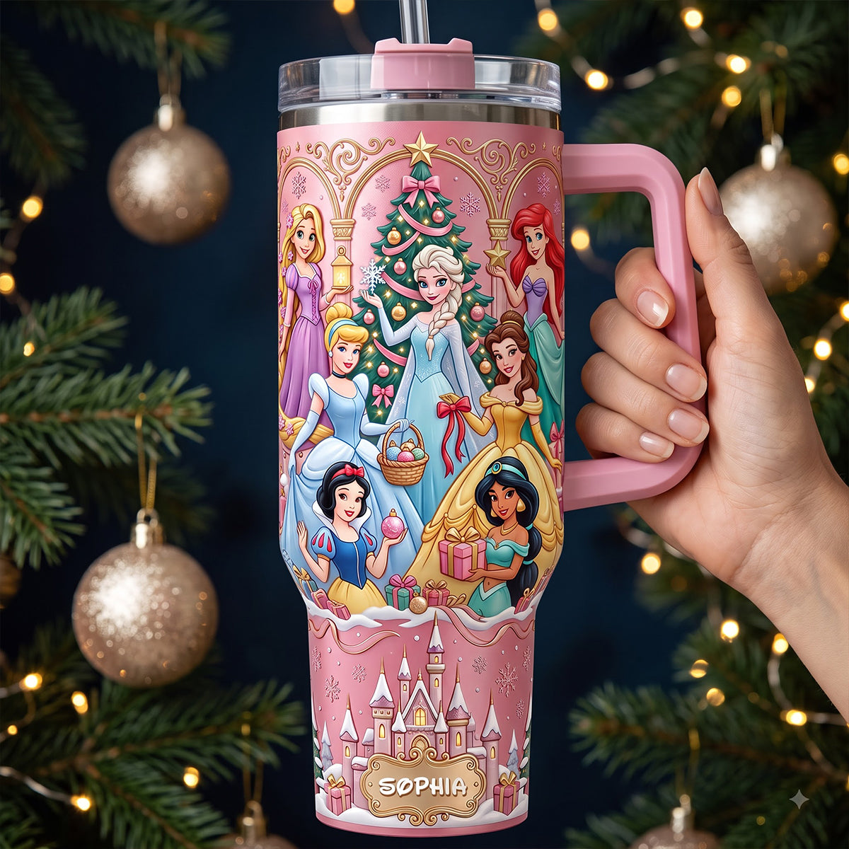 Fairy Tale Princesses Personalized 40oz Tumbler With Handle – Custom Name Gift For Daughter & Girls